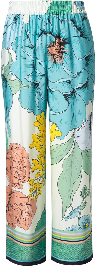 Ulla Popken - Dames - Broek bloemen wijde pijp elastische tailleband - Mandarijn - Maat 42+