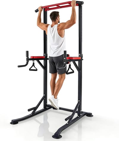 Power Tower Dip Station - Optrekstang Rugtrainer - Krachttraining Thuis - Vrijstaand Dip Station - 226 cm Hoog - Rood