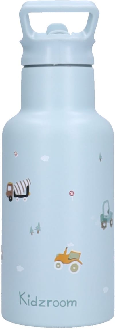 Kidzroom Little Story - Schoolbeker en Drinkfles - 350ml - Stainless Steel - Blauw - Voertuigen