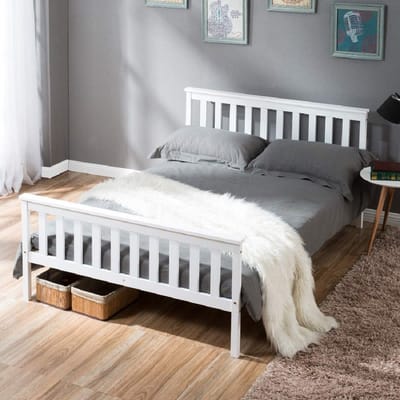 Sweiko Tweepersoonsbed, Houten bed, 140 x 200 cm Massief Houten bed met plat noedelsframe, kinderen, jeugddennenbed, Wit, eenvoudig