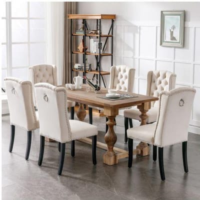 Chaise de salle à manger - MUVOE - Contemporain - Velours beige - Pieds en chêne - Boutons décoratifs beige
