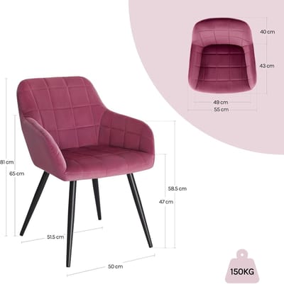 Eetkamerstoelen set van 4 - Novihome VelvetComfort™ Bordeaux Gestoffeerde Stoelen met Armleuningen, Metalen Frame, Luxe Fluweel, Modern Design, Ergonomisch en Stabiel, FSC-gecertificeerd