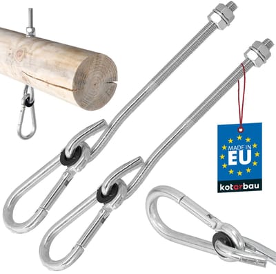 KOTARBAU® 2 st Schommelhaak, Verzinkt Staal, M10 x 195 mm, Zilver, met Karabijnhaak, Houtdraad, Schommelhaak voor Houten Balk, Schommel Hanger
