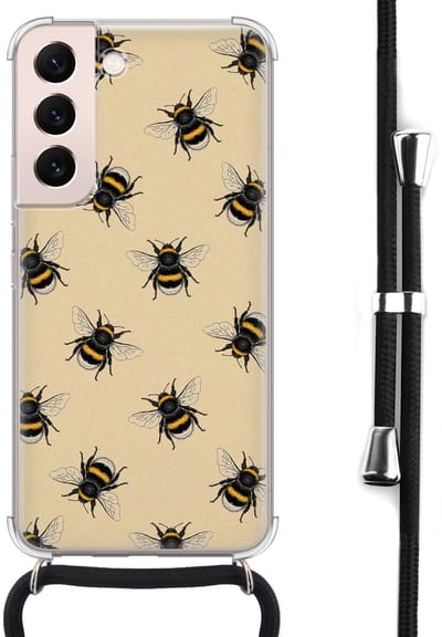 Hoesje met koord - Geschikt voor Samsung Galaxy S22 - Bijen print - Verstelbaar zwart koord - Crossbody - Print / Illustratie - Zwart, Transparant - Leuke Telefoonhoesjes