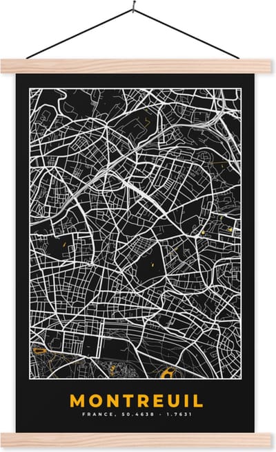 Posterhanger incl. Poster 40x60 cm - Schoolplaat - Plattegrond - Montreuil - Stadskaart - Frankrijk - Kaart - Textielposter - Blanke latten - Stadskaart
