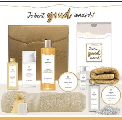Geschenkset “Je bent goud waard!” - 10 producten - 900 gram - Triomf Original - Giftset voor haar Luxe Wellness Cadeaubox Vrouw Cadeau Bedankt Verjaardag Moeder Moederdag Geschenk Pakket Kerst Kerstpakket Medewerker Zorg Vrijwilliger Gift Set Goud