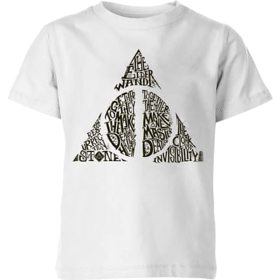 Harry Potter Deathly Hallows Text kinder t-shirt - Wit - 98/104 (3-4 jaar)