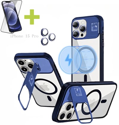 Hoesje voor iPhone 15 Pro met Standaard, Compatibel met MagSafe, Acryl + TPU Case, Hoes ingebouwde Stash Stand-telefoonhoes, Ultradun-Blauw - Screenprotector