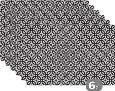 Placemat - Placemats kunststof - Zwart - Geometrie - Design - 45x30 cm - 6 stuks - Hittebestendig - Anti-Slip - Onderlegger - Afneembaar