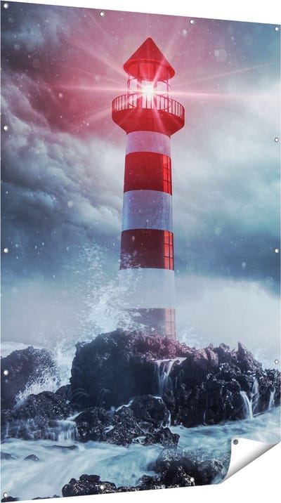 Gards Tuinposter Vuurtoren tijdens een Storm - 120x180 cm - Tuindoek - Tuindecoratie - Wanddecoratie buiten - Tuinschilderij