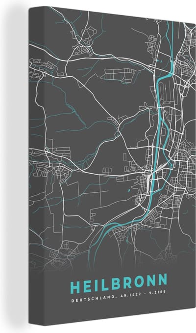 Canvas Schilderij Plattegrond – Heilbronn – Blauw – Stadskaart – Kaart - Duitsland - 20x30 cm - Wanddecoratie