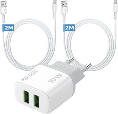 Phreeze usb adapter 12 W - Geschikt voor iPhone en iPad met Lightning kabel 2 m - Dubbele usb poorten - Power adapter met 2 kabels inbegrepen