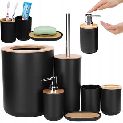 Zwarte 6-in-1 Badkamer Set met Toiletaccessoires en Prullenbak