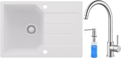 Anycee MAX Granieten Spoelbak 65x45CM - Spoelbakken Keuken Wit - Wasbak Keuken Met Keukenkraan en Zeepdispenser - Spoelbak Met Planchet en Afdruiprek - Spoelbakken Incl. Sifon en Afvoerzeefje