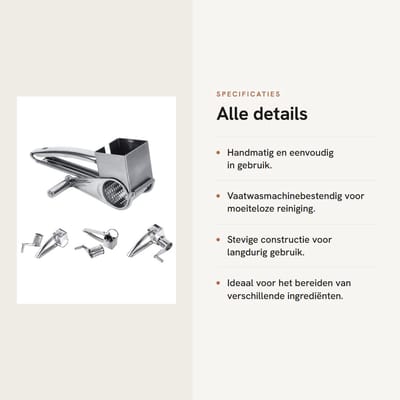 Dailygoods- Kaasrasp met Zwengel - Roestvrijstalen Kaasmolen - Trommelrasp - Handrasp - Vaatwasmachinebestendig - Geschikt voor Harde Kaas en Groenten - Keukenrasp