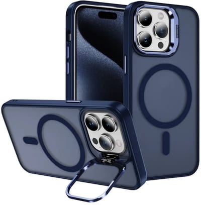 Hoesje Geschikt voor Apple iPhone 15 Pro Max - Compatibel met MagSafe & Qi2 - Back Cover met Standaard - Camera Kickstand - Blauw