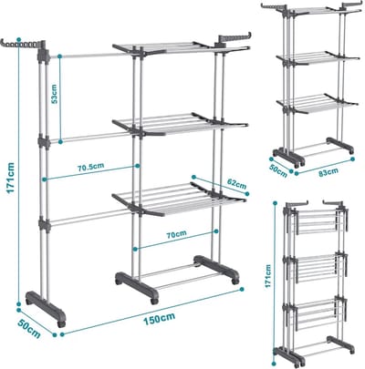 Home & Beyond® Uitschuifbaar Wasrek op Wielen met 3 Lagen - Opvouwbare Droogtoren voor Binnen en Buiten - Grijs - 171 x 150 x 50 cm