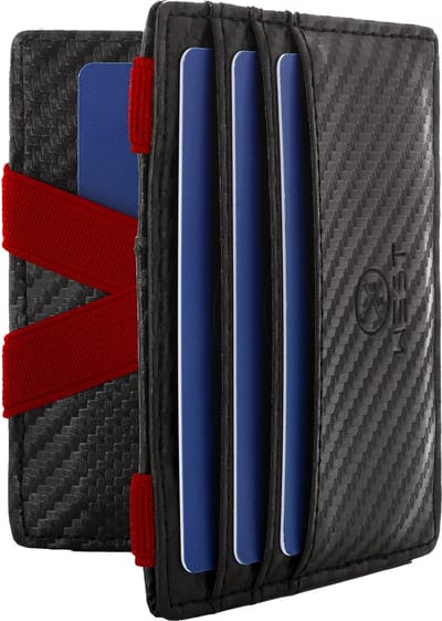 WEST® Magic Wallet met Muntvak, Inclusief Elegante Geschenkdoos, Compacte en Kleine Portemonnee Heren, Extra Sterke Geldriemen, Pasjeshouder Slanke Portemonnee met Muntvak, RFID-Bescherming (Zwart-Rood)