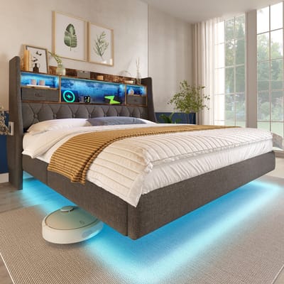Tweepersoonsbed - 140x190 cm - Zwevend bed met led - USB- & type-c poorten - Linnen - Grijs