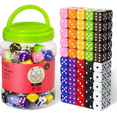 100 16mm 6-zijdige Dobbelstenen Verzameling Standaard Spel Kinderen voor Bordspellen Wiskunde Dobbelstenen voor Klaslokaal met Opbergemmer Transparant 10 Kleuren