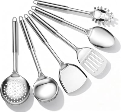 Keukengereiset, 6 stuks roestvrijstalen keukenhulpen, kookbestekset, hittebestendig kookgerei met spatel, sleufspatel, schuimlepel, soeplepel, roestvrij en vaatwasmachinebestendig
