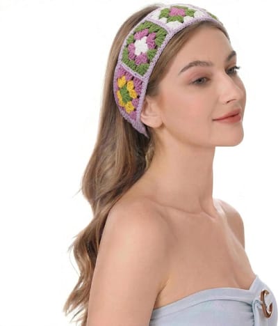 Handgemaakte Vintage Bloemen Haarband voor Dames - Gehaakte en Gebreide Haaraccessoire in Paars, One Size