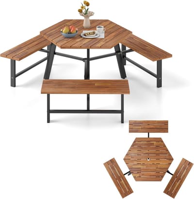 KOMFOTTEU Set voor 6 personen, picknickset van acaciahout met gat voor parasol, tafel en 3 banken voor tuin, terras, 191 x 165 x 70 cm