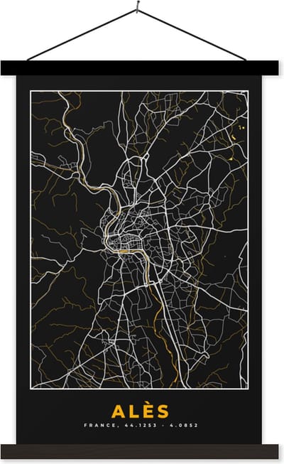 Posterhanger incl. Poster 40x60 cm - Schoolplaat - Alès - Stadkaart - Plattegrond - Kaart - Frankrijk - Textielposter - Zwarte latten - Stadskaart
