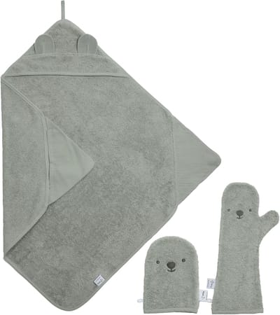 Voordeelset - The Original Baby Shower Glove met 2-in-1 Badcape en Washandje - Nifty - Baby Washandje - Lange washand - Badcape 100x100 - Washandje Baby - Biologisch Katoen – Olive