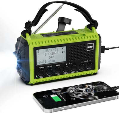 Zwengelradio, DAB/DAB+/FM, Draagbare noodradio, 5000 mAh, Oplaadbare Powerbank, Radio, Werkt op Batterijen, Zonne-Radio, Dynamo-Radio met Zaklamp en Leeslamp, IPX4, SOS-Alarm voor Outdoor, Camping