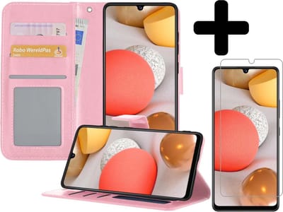 Hoesje - Met Screenprotector - Geschikt voor Samsung Galaxy A42 - Luxe Pasjeshouder - Bookcase Portemonee - Flip Case - Kunstleer Book Case - Flipcase - Book Cover - Walletcase - Portemonneehoes - Telefoonhoesjes - Lichtroze