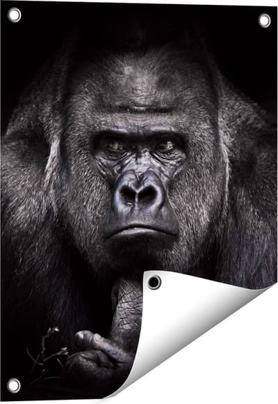 Gards Tuinposter Gorilla - Zwart Wit - 40x50 cm - Tuindoek - Tuindecoratie - Wanddecoratie buiten - Tuinschilderij