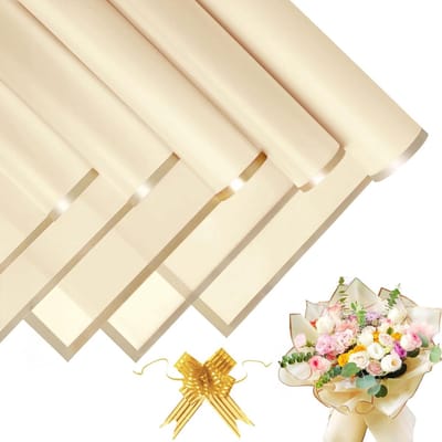 20 Vellen Bloemen Inpakpapier met 10 Stuks Linten Bogen - 58x58cm Geel met Gouden Rand - Waterdicht Inpakpapier voor Bloemen, Cadeaus, Feestdagen en Creatieve Projecten