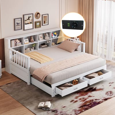 Sweiko Slaapbank - 90/180x190 cm - Uitschuifbaar massief houten bed - Met oplaadpoort + 2 laden - Wit