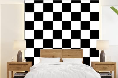 Behang - Fotobehang Schaakbord - Patronen - Zwart Wit - Breedte 220 cm x hoogte 240 cm
