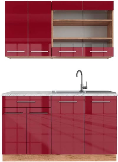 Vicco Fame-Line Eenpersoonskeuken – 140 cm, WB Marmer Bordeaux hoogglans/gouden eik