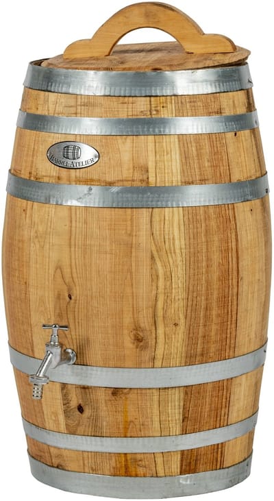 Regenton 'CLEAR' 50 l. geolied, incl. los deksel met handvat, chromen kraantje / Houten regenton / Nieuw