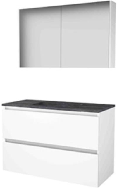 Basic-Line Comfort 46 Badkamermeubelset - 100 x 46 cm - Greeploos - 2 Lades - Hardstenen Wastafel - Zonder Kraangat - Spiegelkast - Ice White