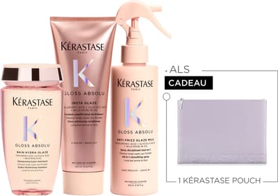 Kérastase Gloss Absolu Anti-Frizz Trio + Cadeau - Shampoo 250ml & Conditioner 250ml & Leave-in Haarspray 190ml + Flatpouch Cadeau - Voor Lang Haar Gevoelig voor Pluis - Met Hyaluronzuur