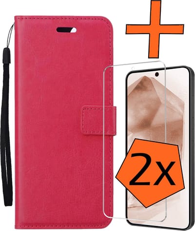Hoes - Met 2x Screenprotector - Geschikt voor Samsung Galaxy A55 - Luxe Pasjeshouder - Bookcase Portemonee - Flip Case - Kunstleer Book Case - Flipcase Hoes - Book Cover - Walletcase - PortemonneeHoes - Donkerroze