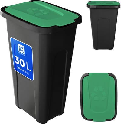 KADAX Vuilnisemmer voor afvalscheiding, 30 liter, robuuste afvalcontainer met luchtdicht klapdeksel, afvalcontainer voor afvalscheidingssysteem, afvalemmer van kunststof (1, groen deksel)