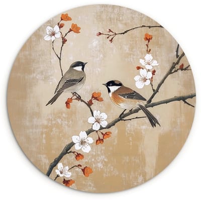 WallCircle® Wandcirkel 120x120 cm - Muurcirkel Vogels - Bloesemtak - Bloemen - Oranje - Muurdecoratie woonkamer - Wanddecoratie slaapkamer - Kamer decoratie accessoires - Ronde schilderijen XXL