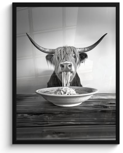 Fotolijst incl. Poster Zwart Wit- Schotse Hooglander - Spaghetti - Dieren - Zwart wit - 50x70 cm - Posterlijst