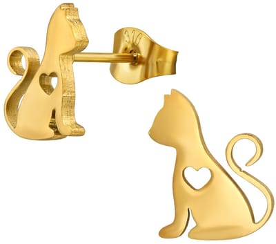 CS Joy - kat poes oorbellen - Chirurgisch staal - kat met hartje oorknoppen - 9.5 x 12 mm - ip/pvd gold plated