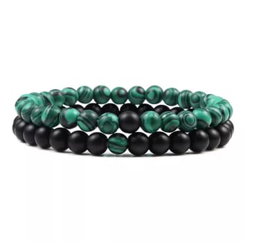 EmmyRovi Kralenarmband Set Zwart Groen – 2 Armbanden – Groene Marmer-Look Kralen – Stoere Armbandenset voor Hem en Haar
