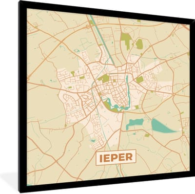 Fotolijst incl. Poster - Vintage - Ieper - Plattegrond - Kaart - Stadskaart - 40x40 cm - Posterlijst