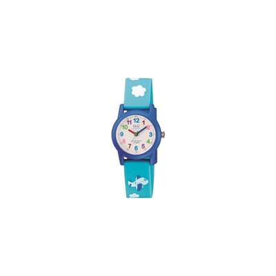 Q&Q VR99J005Y - Horloge - Sport - Analoog - Kinderen - Unisex - Plastic band - Rond - Kunststof - Cijfers - Vliegtuig - Wolken - Donkerblauw - Groen - Wit - Multi - 10 ATM