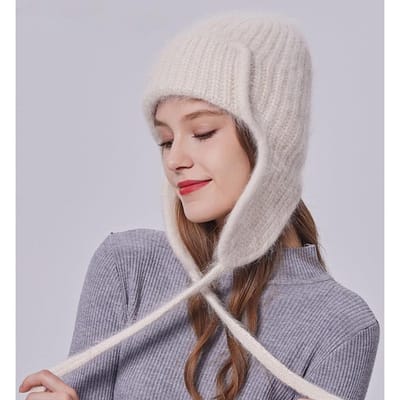 Vrouwen Winter Angora Oorkleppen Hoed Warm Pluizige Angora Konijnenbont Gebreide Muts Vrouwelijke Dikke Fleece Gevoerd