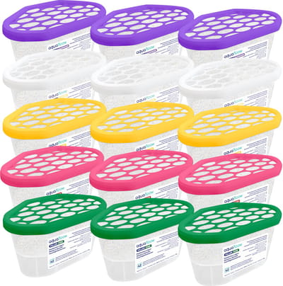 AquaFloow, set 15 vochtabsorber voor kasten, kleerkasten, keuken, badkamer, luchtontvochtiger, 400 ml, tegen vocht, voor ruimtes tot 9 m², mix van geuren
