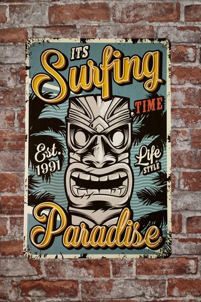 Wandbord - Surfing Paradise - Metalen wandbord - Mancave - Mancave decoratie - Tiki - Metalen borden - Metal sign - Bar decoratie - Tekst bord - Wandborden – Bar - Wand Decoratie - Metalen bord - U